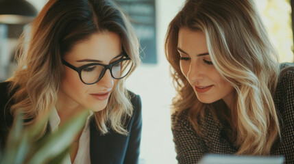 Focused close-up of two women in a professional setting, collaborating on