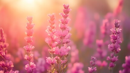 Wall Mural - a field of pink flowers with the sun shining through the background of them