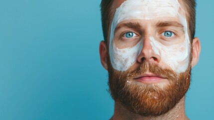 Wall Mural - Closeup portrait of a Caucasian man carefully applying a moisturizing facial cream with a calm focused expression against a serene blue studio background  Concept of personal grooming