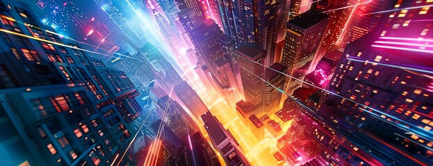 Canvas Print - a futuristic city with neon lights and skyscrapers in the background