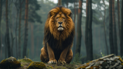 Wall Mural - Strong and confident lion on a hill. Lion king isolated on black, Big lion lying on savannah grass. Kenya, Africa, Lion, powerful, muscular, golden brown fur, sharp claws, fierce eyes, majestic mane.