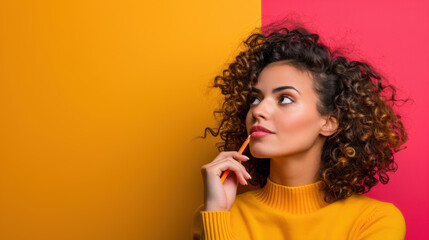 A young woman with curly hair in a yellow sweater ponders against a vibrant split-color background, embodying creativity and thoughtfulness.