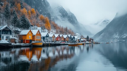 a row of houses on a lake surrounded by mountains