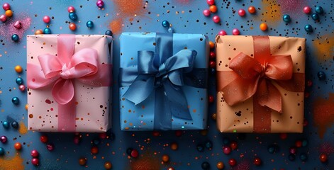 Sticker - a group of blue and pink wrapped presents. 