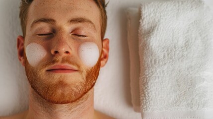 Wall Mural - A serene close up image of a man s face as he applies facial toner product with a cotton pad showcasing the deep focus and attention to his skin care routine for a relaxing revitalizing experience