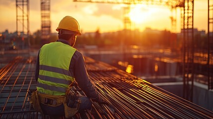 Wall Mural - Worker on a construction site at sunset, overseeing steel reinforcement bars.