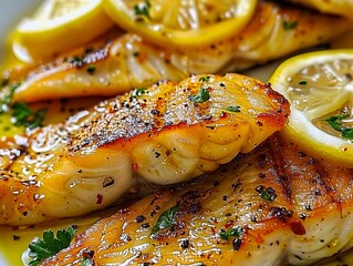Wall Mural - a close up of a plate of fish with lemon slices on it