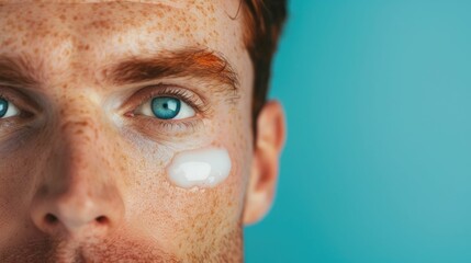 Wall Mural - Closeup portrait of a handsome young Caucasian man applying a hydrating gel skincare product on his clean smooth facial skin  The image showcases the textures details