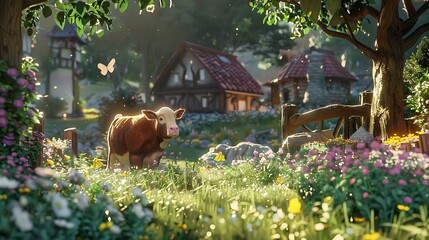 Wall Mural - A beautiful setting with shining plants and historic livestock