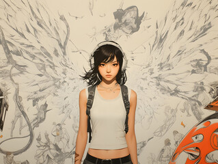 Wall Mural - white, wings, beautiful Asian girl with full body pose, Goth scifi