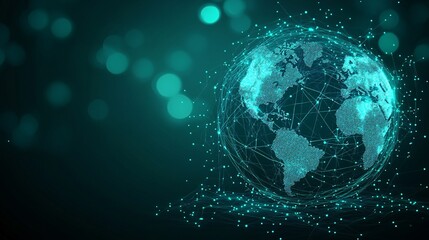 digital globe with glowing network connections on a teal background.