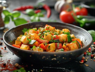 Homemade Spanish pisto with eggplant and zucchini, rustic style close up