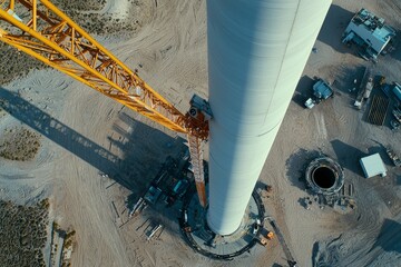 Wall Mural - A crane installs a wind turbine hub onto the tower. The site features various construction tools and equipment