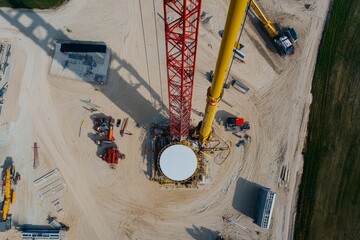 Wall Mural - A crane installs a wind turbine hub onto the tower. The site features various construction tools and equipment