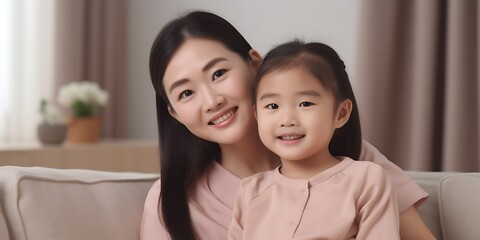 Loving Chinese woman and her daughter sharing a happy moment on the sofa