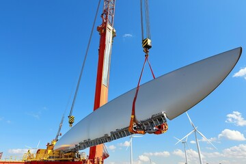 Wall Mural - A wind turbine blade is being hoisted by a crane at a wind farm. The background shows the base and other turbine parts