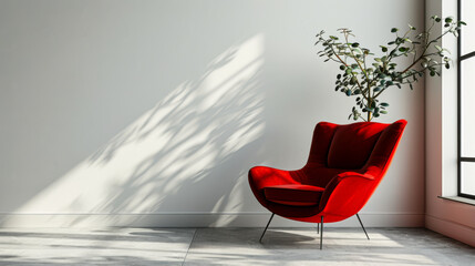 Wall Mural - Contemporary interior design with an red armchair on empty white color wall background