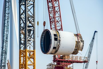 Wall Mural - A wind turbine nacelle is being lifted by a crane onto its tower. The installation site is busy with other cranes