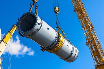 Wall Mural - The nacelle of a wind turbine is being lifted onto a tower by a crane. Nearby, other turbine components are visible