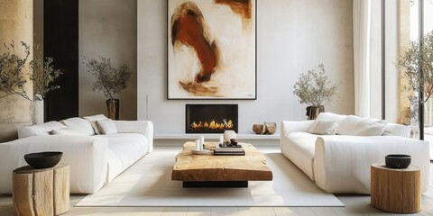 modern minimalist living room, large abstract painting, white sofas, wooden coffee table, cozy fireplace, natural light, neutral tones, contemporary decor, clean lines, warm ambiance, Scandinavian sty