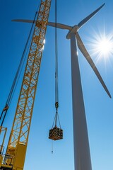 Wall Mural - A crane installs a wind turbine hub onto the tower. The site features various construction tools and equipment