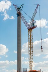 Wall Mural - A crane installs a wind turbine hub onto the tower. The site features various construction tools and equipment