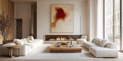 modern minimalist living room, large abstract painting, white sofas, wooden coffee table, cozy fireplace, natural light, neutral tones, contemporary decor, clean lines, warm ambiance, Scandinavian sty