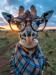 Poster - A giraffe wearing glasses and a scarf. AI.