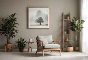 A minimalist living room with a wooden armchair, a potted plant, and a framed artwork depicting two trees in a misty, natural setting.