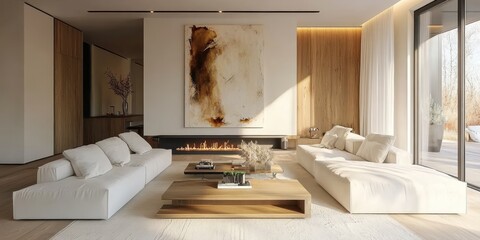 modern minimalist living room, large abstract painting, white sofas, wooden coffee table, cozy fireplace, natural light, neutral tones, contemporary decor, clean lines, warm ambiance, Scandinavian sty