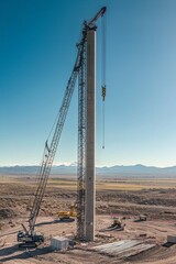 Wall Mural - A crane places a wind turbine blade onto the tower. The installation site is busy with construction equipment