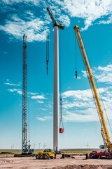 Wall Mural - A crane places a wind turbine blade onto the tower. The installation site is busy with construction equipment