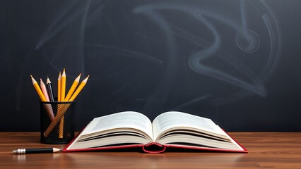 Open book on a desk with pencils in a holder against black wall