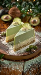 Wall Mural - Two slices of green cake with lime garnish on a wooden plate. AI.