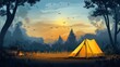 © kinara art design - A peaceful campsite at sunset with a yellow tent surrounded by trees and wildlife.