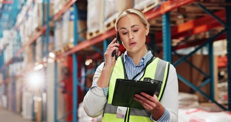 Poster - Delivery, woman or phone call in warehouse for shipping distribution, cargo checklist or supplier. Factory inspection, tablet or logistics worker on technology to organize inventory order or shelves