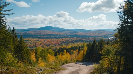 Wall Mural - Scenic view of autumn foliage in a mountainous landscape with a winding dirt road.