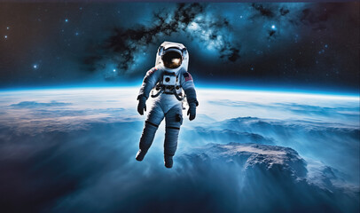 An astronaut floats in space above Earth, with a view of blue clouds and mountains