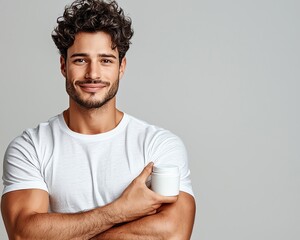 Handsome man holding a skincare jar, smiling confidently. Perfect for beauty and grooming content.