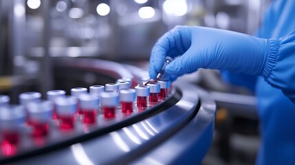 a laboratory technician handles vials on a production line in a pharmaceutical setting.