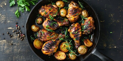 Wall Mural - Herb-seasoned grilled chicken legs served with crispy potatoes in a pan.