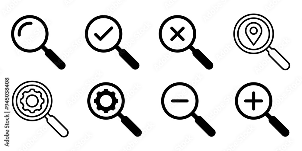 Magnifying glass icon. Magnifying glass set. Zoom symbol. Check mark ...