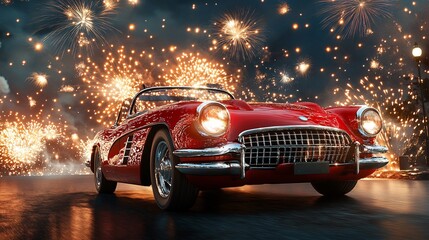 Independence Day: red car against a backdrop of dazzling fireworks, capturing the festive mood and celebration.