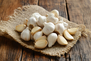 A pile of garlic cloves on a rustic table