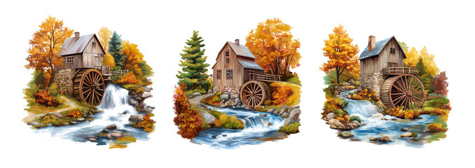 Wall Mural - Painting compilation of three Grist mills with waterfalls in autumn time on white background, Generative AI image 