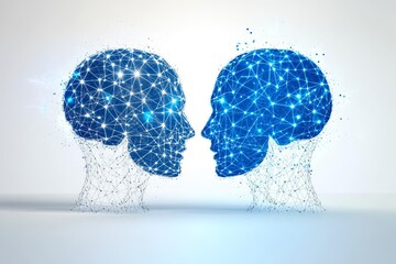 Digital illustration of two human profiles connected by a network of glowing neural pathways symbolizing intellectual synergy and the exchange of ideas in a futuristic high tech environment