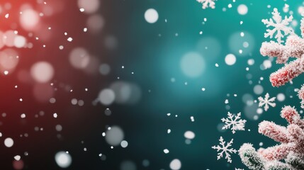 A red and green background with snowflakes gently falling, creating a serene and festive winter scene.