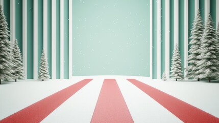 A red and green striped background with a snowy scene in the distance, creating a cheerful and festive backdrop.