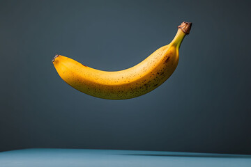 A single ripe banana suspended in mid-air