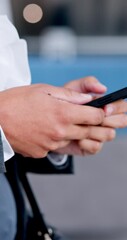 Aufkleber - Hands, business and person with smartphone, typing and internet with connection, social media and network. Employee, consultant and agent in office, mobile user and cellphone for website info or tech
